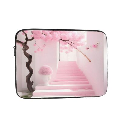 13 Inch Portable And Shockproof Laptop Bag With Unique Pink Cherry Blossom Staircase Print, For Work, University, And Commuting