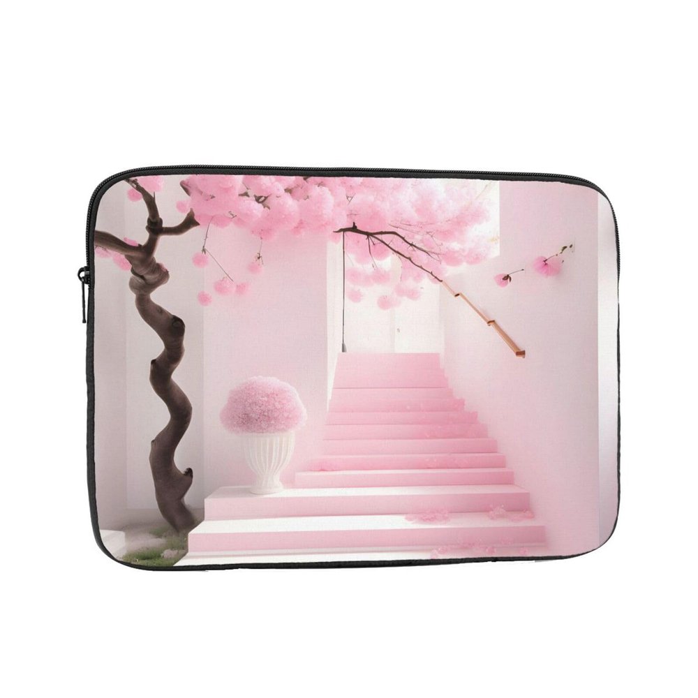 13 Inch Portable And Shockproof Laptop Bag With Unique Pink Cherry Blossom Staircase Print, For Work, University, And Commuting