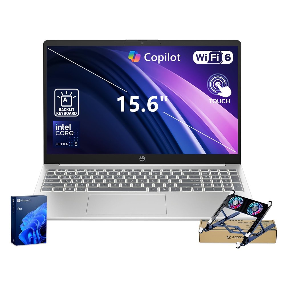HP 15.6 Premium Laptop, 15.6" FHD 1920*1080 Touchscreen, Intel Core Ultra 5 225U for Professionals, 32GB DDR5 RAM, 1TB SSD, Wi-Fi 6, Backlit & Numeric Keyboard, Win11 Pro, White, w/ PCO Laptop Cooler