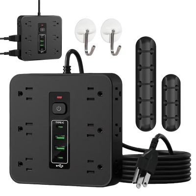 16-in-1 Power Strip with Switch & Surge Protection, Etl Listed Fireproof Power Strip, Upgraded Multifunctional 16 in One Surge Protector, 12AC +2UAB+2type-C Ports for Home, Office (Black)