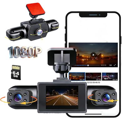 1080P Full View Car Dashcam System, 360 Car DVR WiFi 4 Channels Dash Cam Video Recorder with 64GB SD Card, Loop Recording Night Vision, Plug-in Power for Taxi and Family Vehicles (A# Triple Lens)