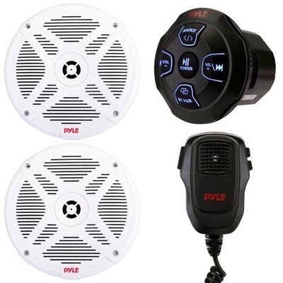 Pyle Dual 6.5 Waterproof Marine Audio Kit with Bluetooth Amplified Receiver & Handheld Microphone, Complete Onboard Sound System with 6.5 Marine Speakers for Boats and Watercraft (White)