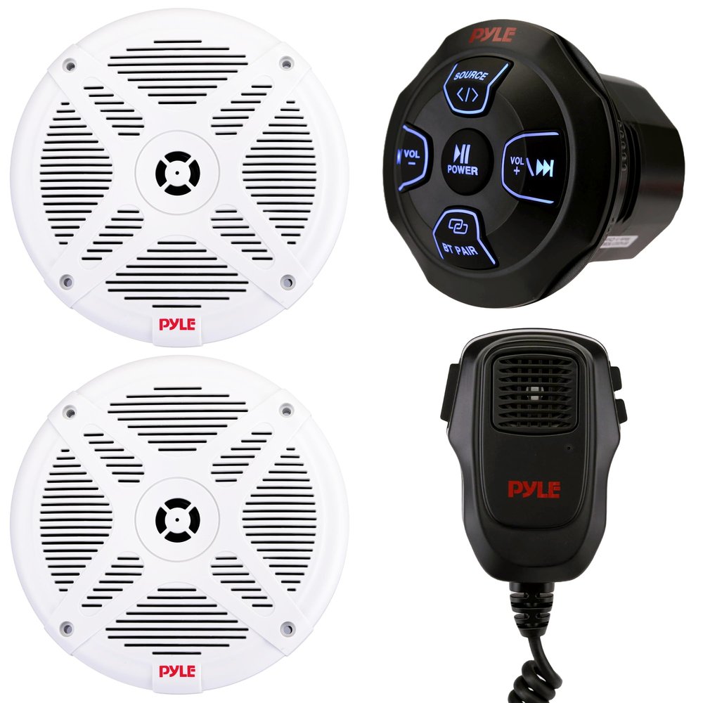 Pyle Dual 6.5 Waterproof Marine Audio Kit with Bluetooth Amplified Receiver & Handheld Microphone, Complete Onboard Sound System with 6.5 Marine Speakers for Boats and Watercraft (White)