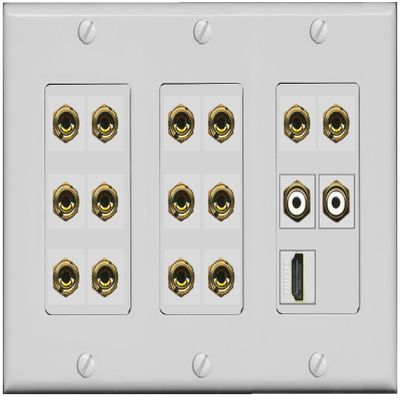 RiteAV 7.2 Surround Sound 7 Speaker 14 Banana Plug Jack Wall Plate w/ 2 RCA Subwoofer + 1 HDMI Female Connectors - 3 Gang [Gray]