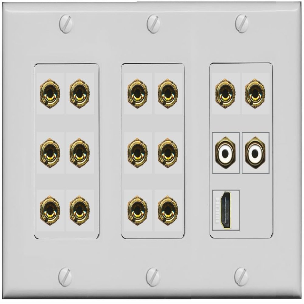 RiteAV 7.2 Surround Sound 7 Speaker 14 Banana Plug Jack Wall Plate w/ 2 RCA Subwoofer + 1 HDMI Female Connectors - 3 Gang [Gray]