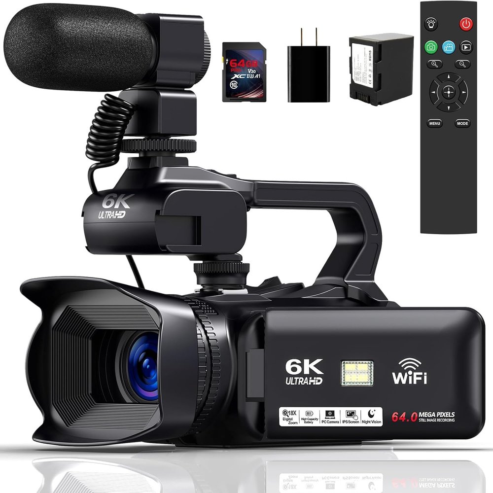 OPRKQEE Camcorder 6K Video Camera 64MP 18X Digital Zoom 4.0 Inch Touch Screen IR Night Vision Vlogging Camera for YouTube Video Camera with WiFi, Microphone, Remote Control, 64GB SD Card,Stabilizer