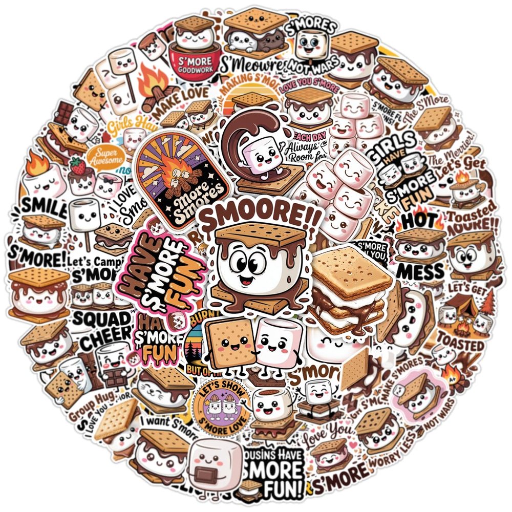 100PCS Funny SMores Stickers  Cute Vinyl Decals Featuring Marshmallow, Chocolate, and Campfire Designs for Laptop, Water Bottle, Scrapbook, and Camping Lovers