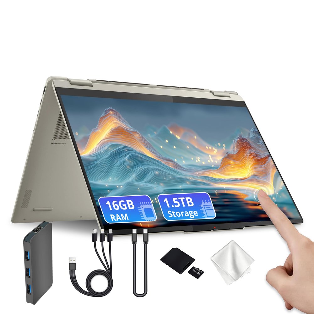 Lenovo Yoga 7 2-in-1 16" WUXGA Touchscreen Laptop, AMD Ryzen AI 5 340, 16GB LPDDR5X, 1.5TB Storage (512GB SSD&1TB Docking), Backlit Keyboard, Fingerprint, Wi-Fi 7, FHD Webcam, Win 11, Seashell