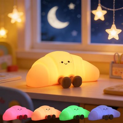 Croissant Night Light for Kids, 7 Color Changing Soft Silicone Night Light, Dimmable Lamp with 3 Brightness, Rechargeable Bedside Lamp with Timer, Cute Desk Decor Gift for Toddler Boy Girl (Croissant)