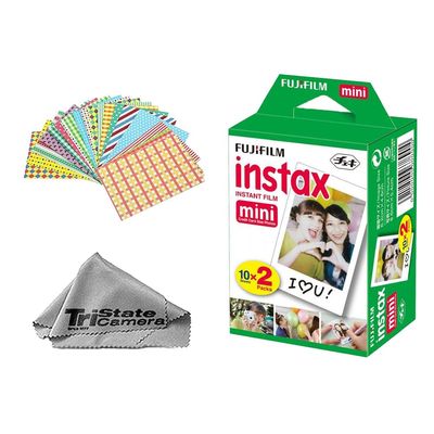 Fujifilm Instax Mini Instant Film (20 Sheets) + 20 Sticker Frames + TSC Microfiber Cleaning Cloth  for Mini 8, 9, 11, 12, 50s, 25, 7s, 90 Cameras & Mini Link
