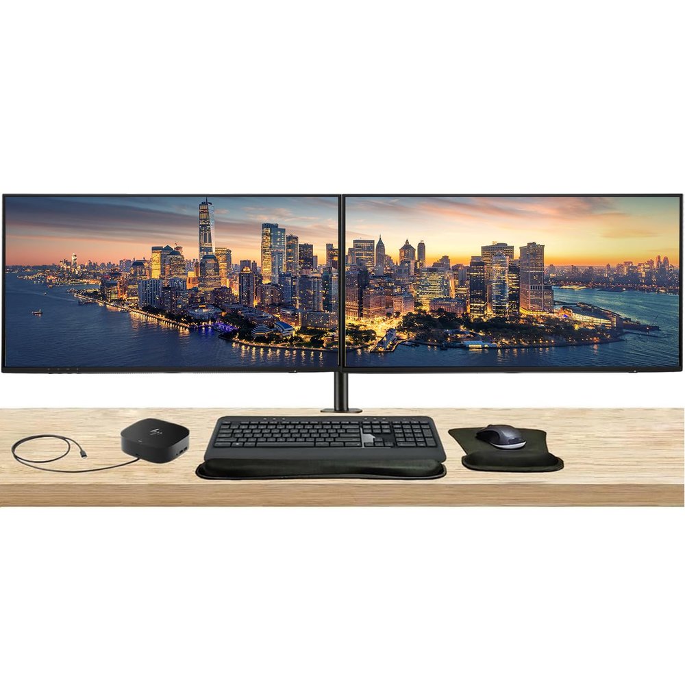 HP Series 5 Pro 27-inch 527pf FHD 1080p LCD Monitor 2-Pack Bundled with Desk Mount Dual Stand, USB-C Multiport G5 Dock, MK540 Wireless Keyboard & Mouse, Gel Mouse & Wrist Pad