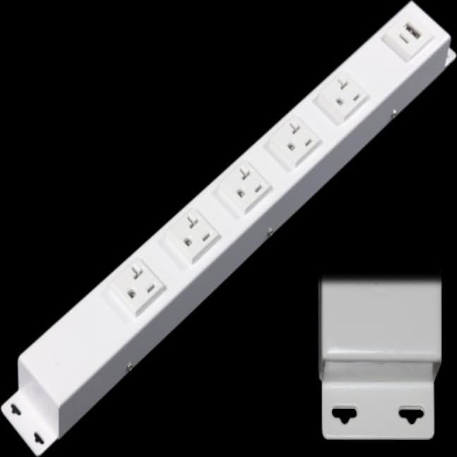 16 Hardwired Power Strip (NO Power Cord), 5 Vertical 20A Outlets (NOT Tamper Resistant) with Ears (with mounting tabs on Both Ends), USB A+C, White