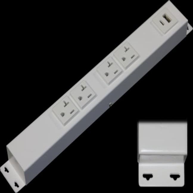 12 Hardwired Power Strip (NO Power Cord), 4 (NEMA 5-20R) Vertical Outlets (NOT Tamper Resistant), with Ears (with mounting tabs on Both Ends), 20 Amp, USB A+C, White