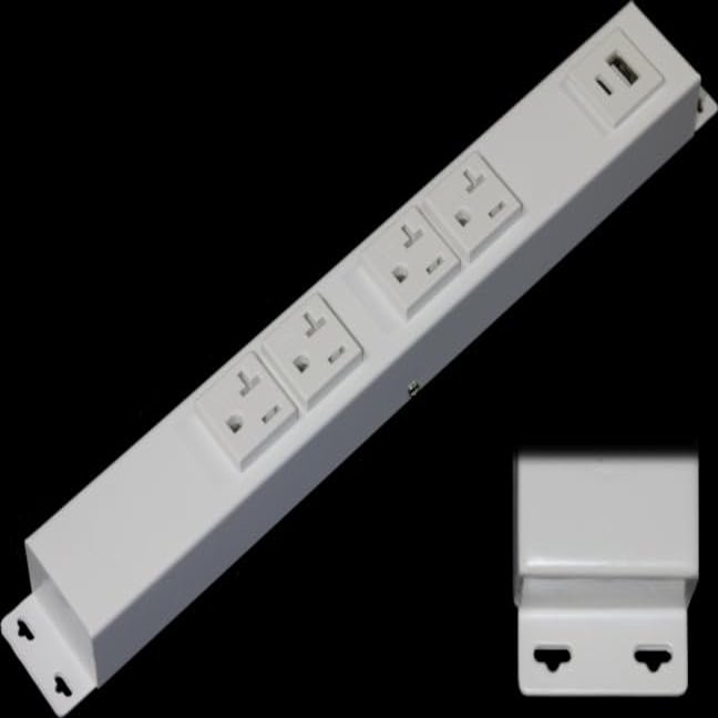 12 Hardwired Power Strip (NO Power Cord), 4 (NEMA 5-20R) Vertical Tamper Resistant Outlets with Ears (with mounting tabs on Both Ends), 20 Amp, USB A+C, White