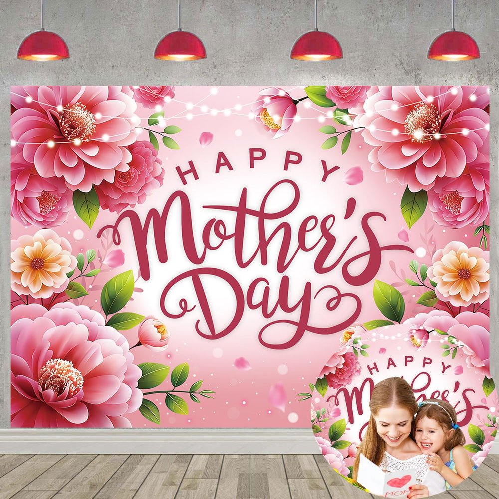 Happy Mother's Day Backdrop 7x5FT Pink Flowers Mothers Day Photo Background Best Mom Ever Party Decoratios Supplies Photo Props