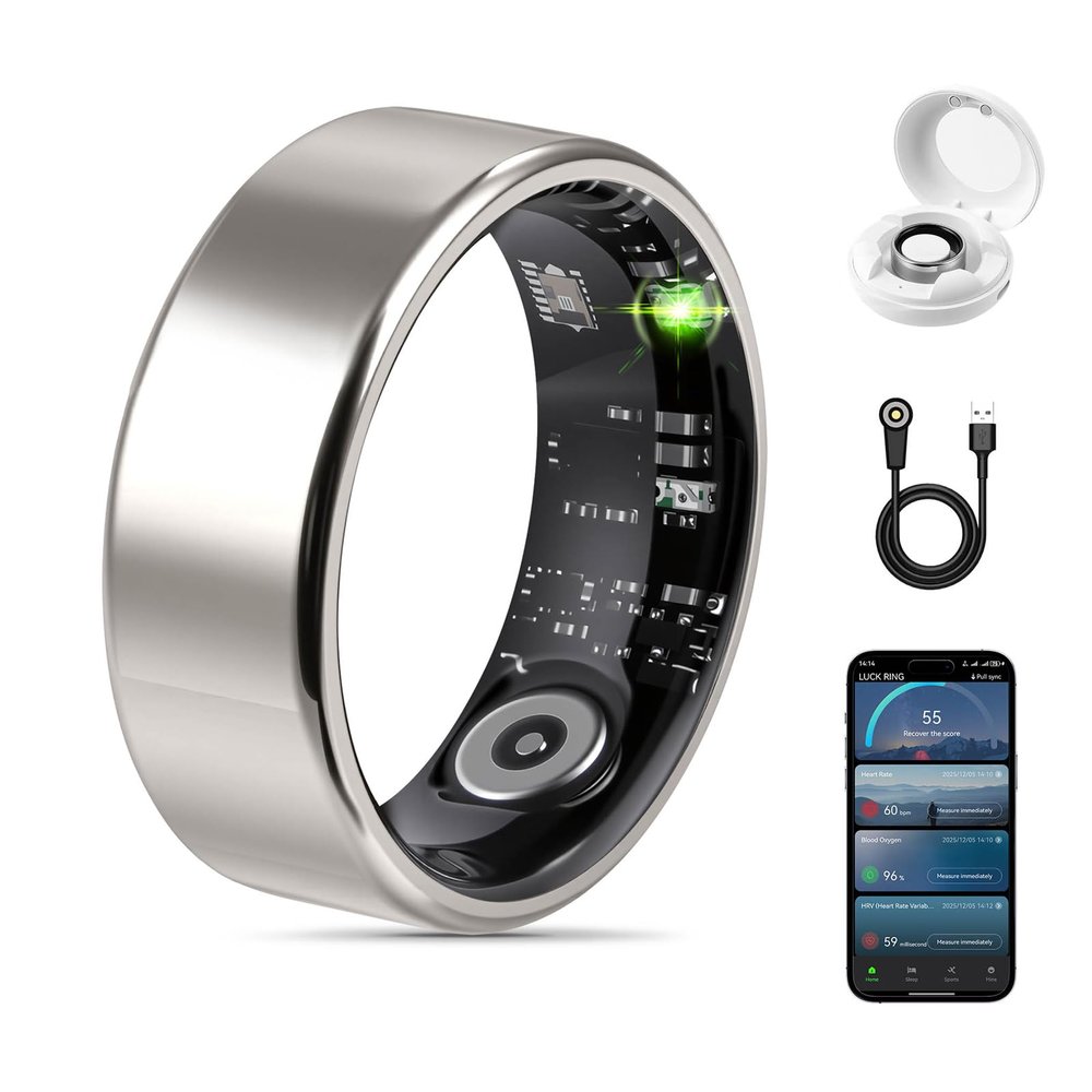 FAHKNS Smart Health Ring for Women Men: Fitness Tracker Ring with Heart Rate,Blood Oxygen,Sleep Monitor,Stress,Steps Counter,IP68 Waterproof for iOS & Android,No APP Fees (Silver,7#)