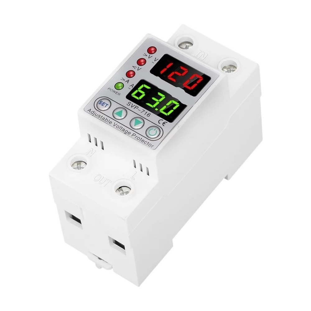 110VAC 120VAC 40A 63A Din Rail Dual Display Adjustable Over Voltage Current and Under Voltage Protective Device Protector Relay(63A)