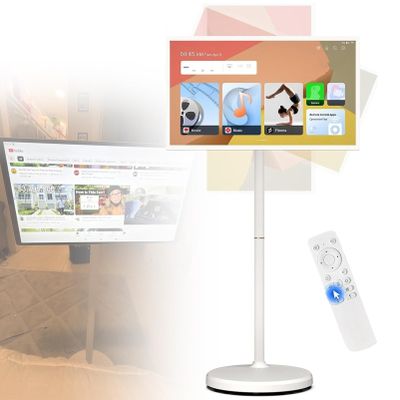 21.5in Swivel Touchscreen Portable Smart TV on Wheels 8MP Camera Full Rotation Mobile TV Stand for Home Office RV(4+64G)