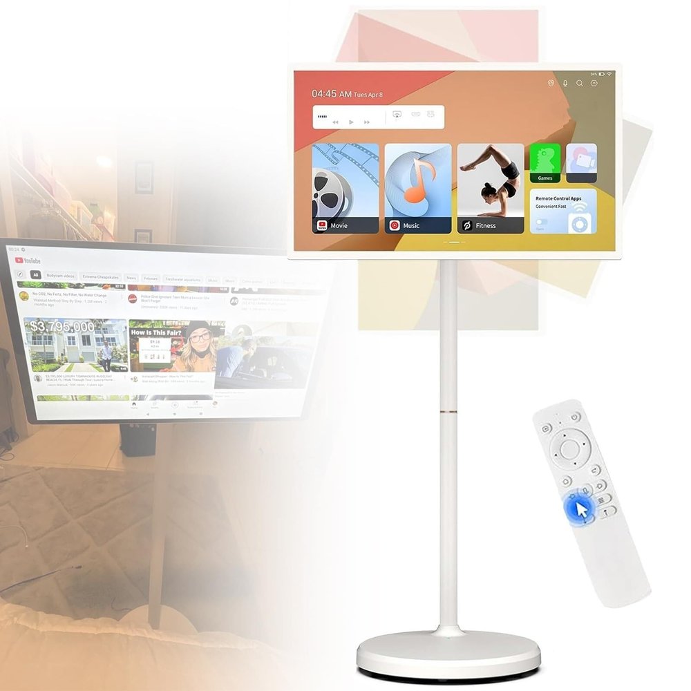 21.5in Swivel Touchscreen Portable Smart TV on Wheels 8MP Camera Full Rotation Mobile TV Stand for Home Office RV(4+64G)