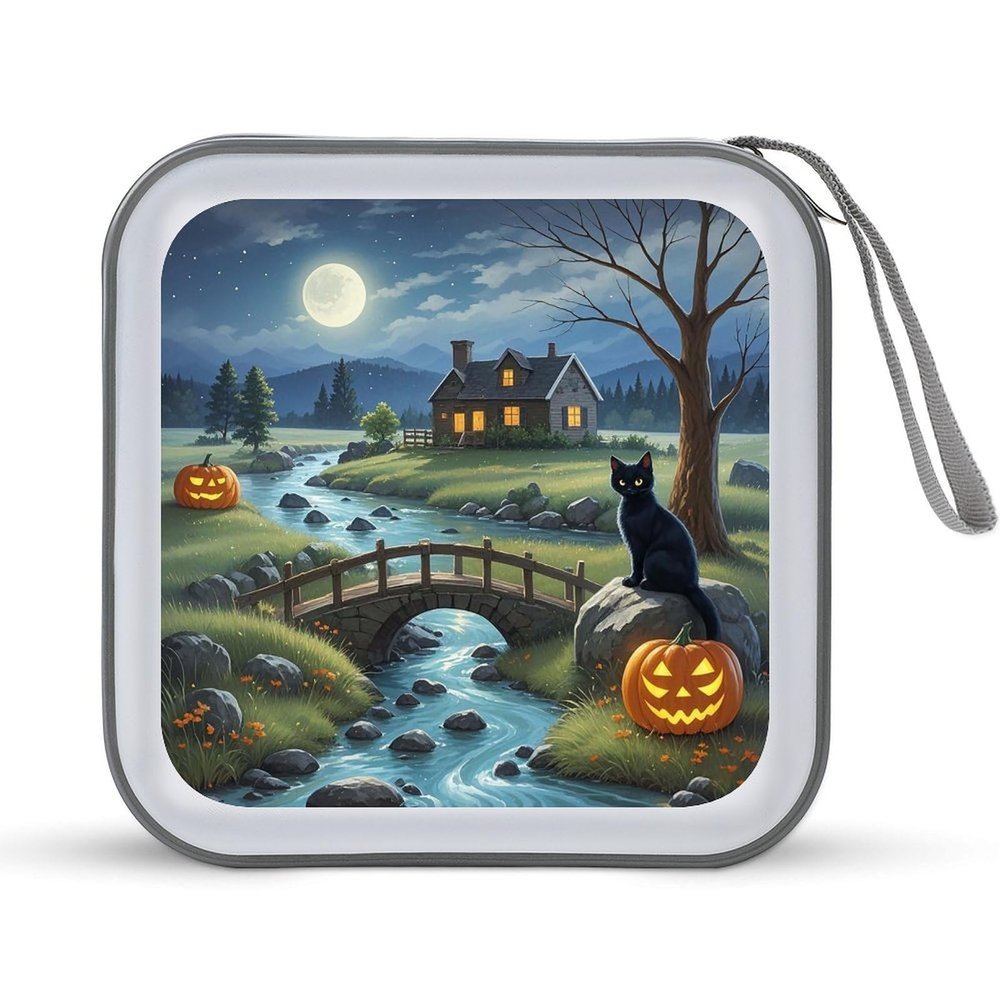 FekiLoot Full Moon Bridge Black Cat DVD Case,Portable Zipper DVD Storage Case CD Collection Bag EVA Protective Blu-ray Wallet Portable Wallet Disc Storage Disc Wallet Bag for Car, Home, Office