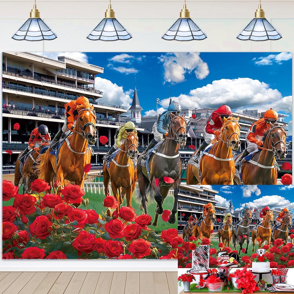 Horse Racing Photography Backdrop 7x5FT Racecourse Red Rose Run for The Roses Background Racing Competition Party Banner Decorations Photo Props