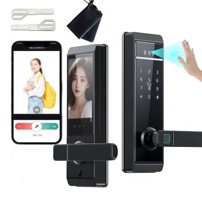 3D Facial Recognition Smart Door Lock 4.5-inch Screen APP Remote Unlocking Palmprint Recognition Fingerprint Passcode IC Card Key Keyless Smart Door Lock Suitable for Homes, Apartments, Offices Black