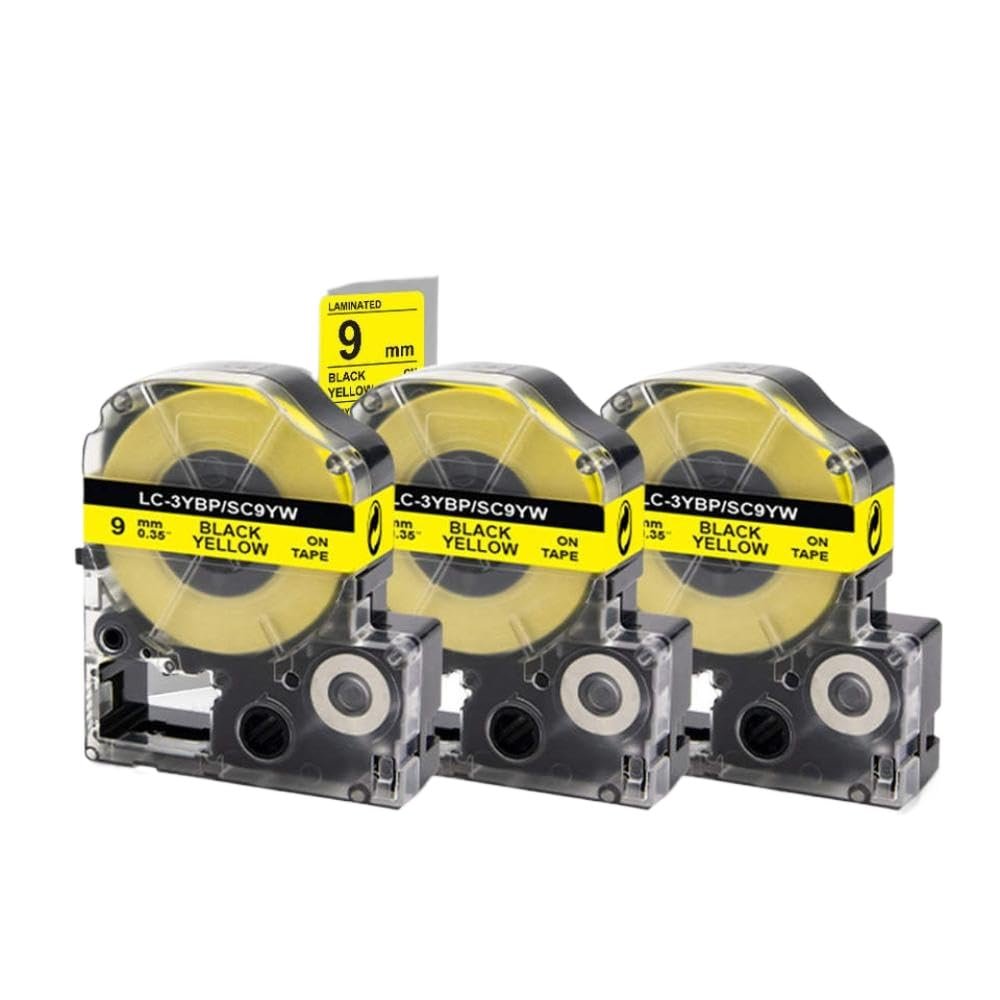 3 Pack Label Tape 9mm Black On Yellow for SC9YW LK-3YBP Compatible with LW-300 LW-400