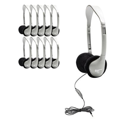 HamiltonBuhl HA2V Schoolmate On-Ear Stereo Headphones 10-Pack Gray, in-Line Volume Control, Replaceable Foam Cushions, Adjustable Headband, 5 ft Chew-Resistant Dura-Cord, 3.5mm Plug