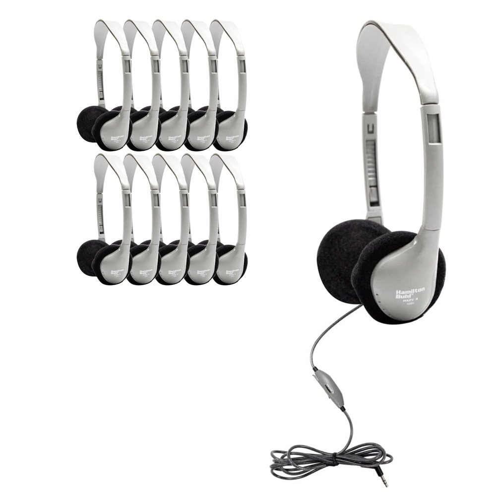 HamiltonBuhl HA2V Schoolmate On-Ear Stereo Headphones 10-Pack Gray, in-Line Volume Control, Replaceable Foam Cushions, Adjustable Headband, 5 ft Chew-Resistant Dura-Cord, 3.5mm Plug
