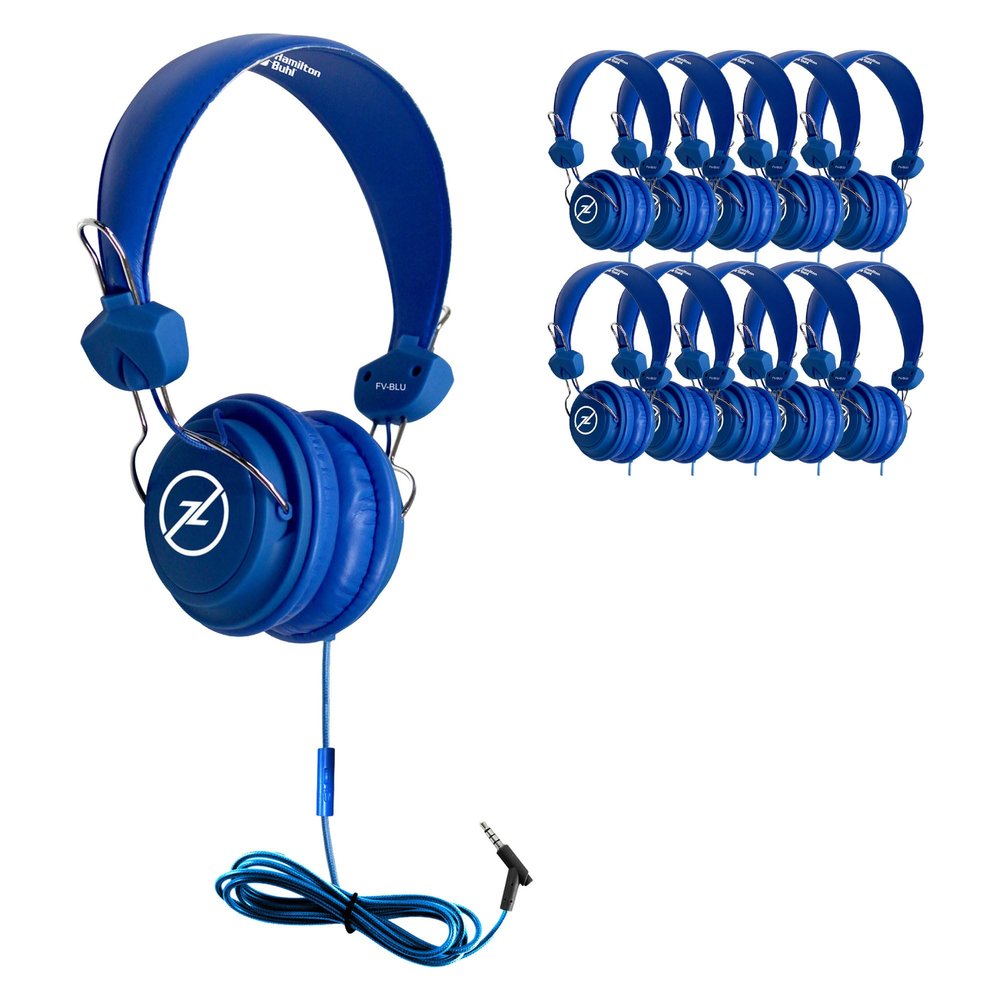 HamiltonBuhl Favoritz 25-Pack Blue TRRS Headsets Mid-Size On-Ear, in-Line Mic, Leatherette Cushions, Adjustable Headband, 5 ft Chew-Resistant Dura-Cord, 3.5mm Plug Classroom Use