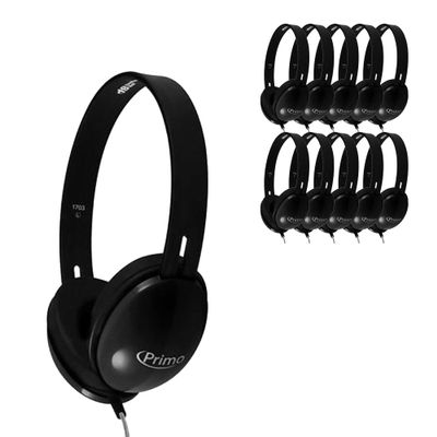 HamiltonBuhl Primo Stereo Headphones 25Pack Black | NoiseReducing Ear Cups, ChewResistant DuraCord, Washable Leatherette Cushions, 3.5mm SlimBarrel Plug Classroom Student Headphones