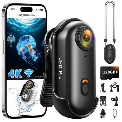 Action Camera 4K (128GB), 2026 Refresh POV Camera Hands-Free, Mini Body Camera WiFi with Waterproof Case, Wearable Sports Snap Cam, Thumb Helmet Cam for Horse Riding Motorcycle Vlogging Fishing