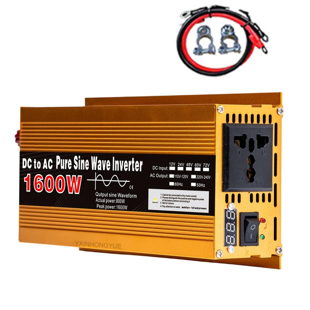 1800W DC to AC Power Inverter, 12V/24V Input, 110V/120V 220V/240V Output, Pure Sine Wave Inverter for Car, Solar, Backup Power, 50Hz/60Hz (12V to 110V)