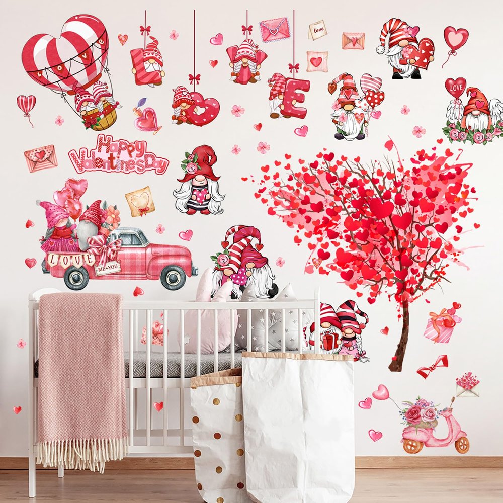 2 Sheets Valentines Day Wall Decals Heart Tree Red Truck Valentines Day Wall Stickers Romantic Love Heart Wall Decor Home Bedroom Decorations for Couple Living Room Wall Wedding Anniversary Art