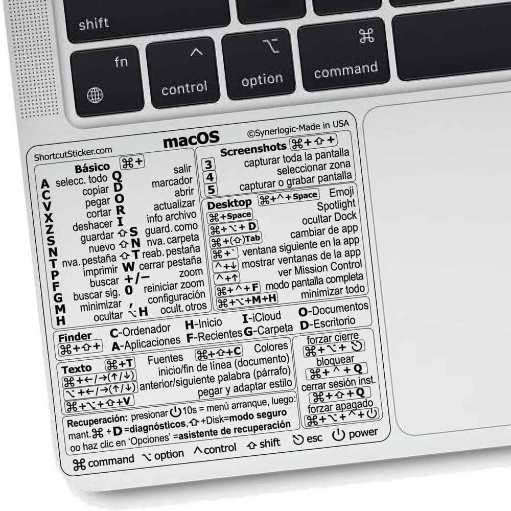 Synerlogic Mac OS Shortcuts Sticker | Keyboard Stickers for macOS | Laminated Vinyl MacBook Cheatsheet for Laptop | MacBook Shortcuts 2026 (Clear/Black/Spanish/5pk)