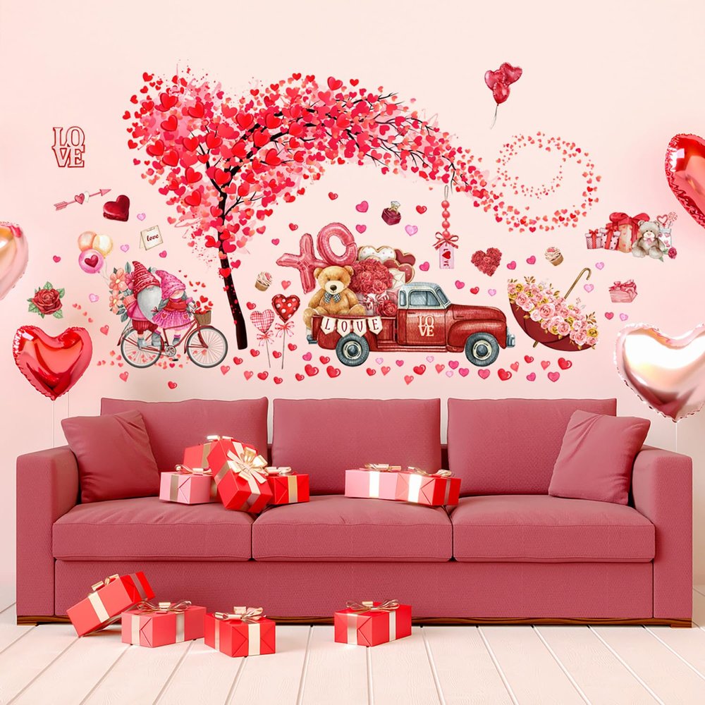 2 Sheets Valentines Day Wall Decals Red Heart Tree Truck Valentines Day Wall Stickers Romantic Love Heart Wall Decor Home Bedroom Decor for Couple Living Room Kitchen Window Wedding Anniversary Art