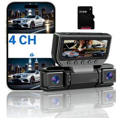 Kenmiso Dashcam, Kenmiso 360 Car DVR WiFi 4Channels Dash Cam Video Recorder, Four-Record Monitoring Driving Recorder Wireless - Loop Recording, Night Vision (Four-Record+WiFi+32G)
