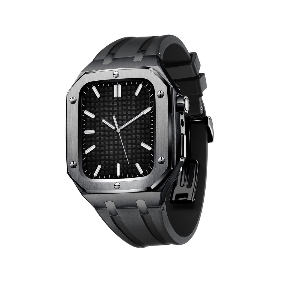 IENYU Silicone Watch Band Metal Case BezelFor Apple Watch 44/45mm SE/4/5/6/7/8/9/ Series Accessories Replacement Silicone Watch Strap Mod Kit(Black,45mm)