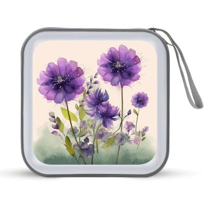 FodPand Watercolor Style Purple Flowers CD Case 40 Capacity Hard Plastic DVD Case Portable Zipper CD Case Holder Disc Cases Storage Binder Large Storage Disc Wallet Bag for Car Home Office Travel