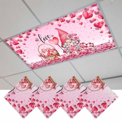 Fluorescent Light Covers for Ceiling Lights 4 Pack, Valentine's Day Magnetic Classroom Light Covers 4x2 Feet, Pink Love Gnomes Roses Ombre Romantic Fluorescent Ceiling Filters for Office Classroom