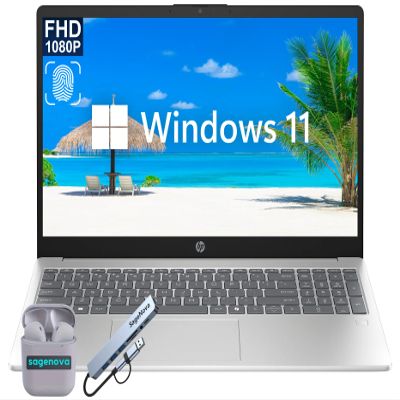 HP 15.6" FHD Laptop Computer, 16GB RAM 512GB Storage (256GB SSD+256GB Docking Station Set), Core i3 8-Core Processor (Up to 3.8 Ghz), Windows 11, Fingerprint Reader, 10 Key, SageNova Earphones, Silver