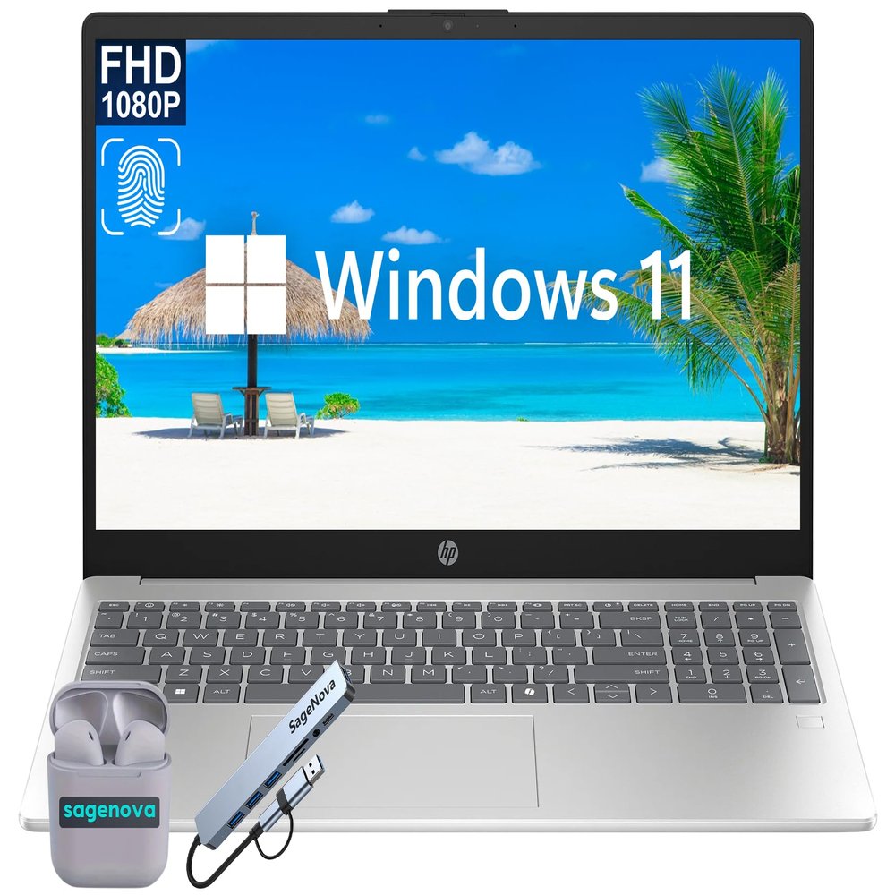 HP 15.6" FHD Laptop Computer, 16GB RAM 512GB Storage (256GB SSD+256GB Docking Station Set), Core i3 8-Core Processor (Up to 3.8 Ghz), Windows 11, Fingerprint Reader, 10 Key, SageNova Earphones, Silver