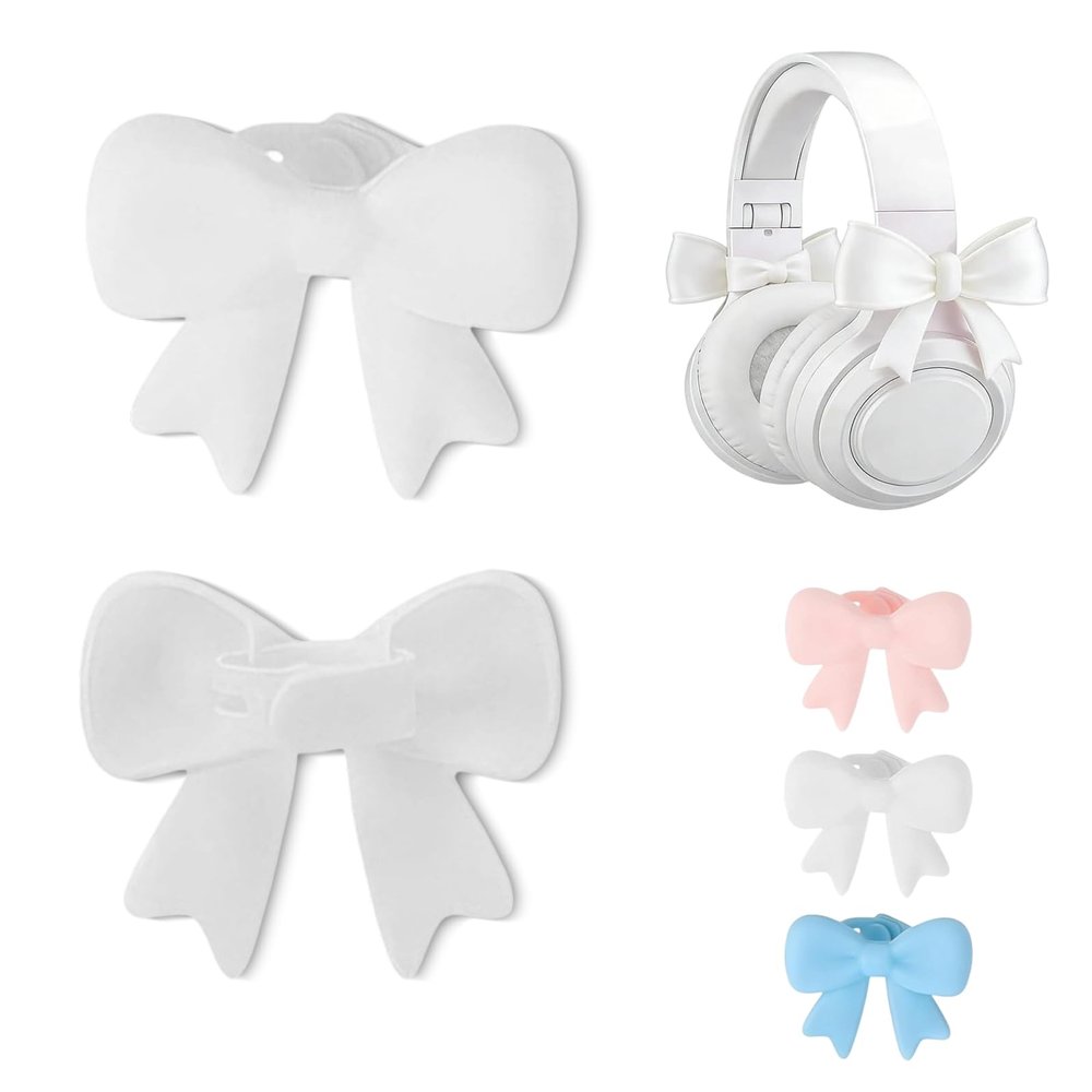 2 Pack Pink Bow Decor Headphone Accessories, Silicone Headphone Accessory Bow, for Various Headphones - A Fun Gift for Gamers (White)