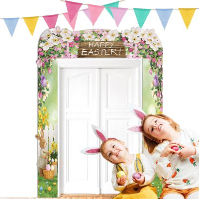 3Pcs Spring Easter Porch Sign Banner Easter Rabbit Garden Colorful Eggs Backdrop Kids Birthday Party Decor for Baby Shower Newborn Photoshoot Photo Studio Props