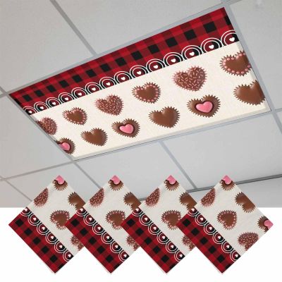 Fluorescent Light Covers for Ceiling Lights 4 Pack, Valentine's Day Magnetic Classroom Light Covers 4x2 Feet, Chocolate Love Pink Heart Red Buffalo Plaid Fluorescent Ceiling Filters for Office