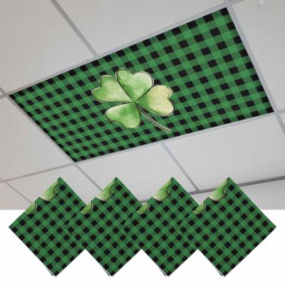 Fluorescent Light Covers for Ceiling Lights 4 Pack, St. Patrick's Day Magnetic Classroom Light Covers 4x2 Feet, Spring Lucky Shamrock Green Buffalo Plaid Fluorescent Ceiling Filters for Office