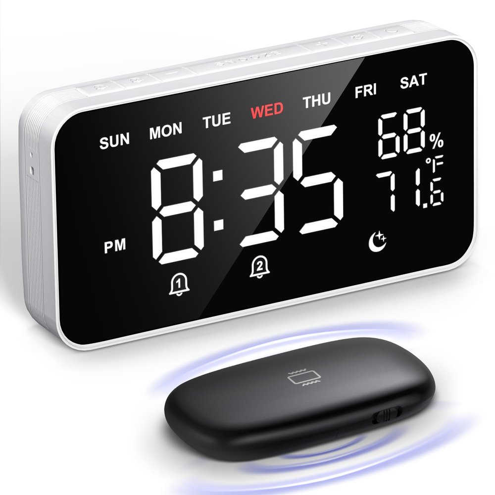 Dekala Bed Shaker Loud Alarm Clock for Heavy Sleepers Adults, Vibrating Dual Alarm Clocks for Bedrooms, Large Display Auto Dimmer,Temperature & Humidity Detect, 7-Day Programmable, Ideal Gift