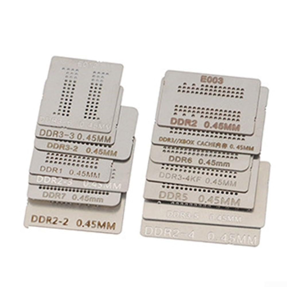 Memory Stencil Set 12/14/20pcs for DDR1 DDR2 DDR3 DDR5 Steel Mesh with Aluminum Alloy Heating Bracket, Stainless Steel Stencil for Memory Chip Repair Tool(14PCS)