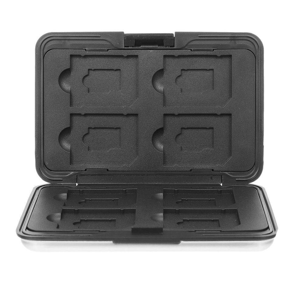 BEBEMOKO Memory Card Storage Box Case Holder with 8 Slots for Micro and Cards in Silver Gray for Digital Camera Accessories and Travel Use