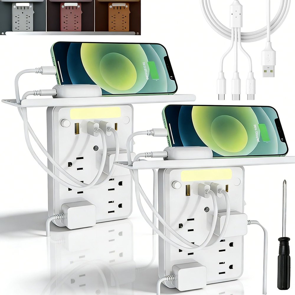 2026 Upgraded Multi-Functional Power Strip with Panel, 9 in 1 Wall Outlet Extender with Shelf, Bathroom Outlet Extender with 2 USB Ports (2A+1C) and 6 AC Outlets (2PCS)